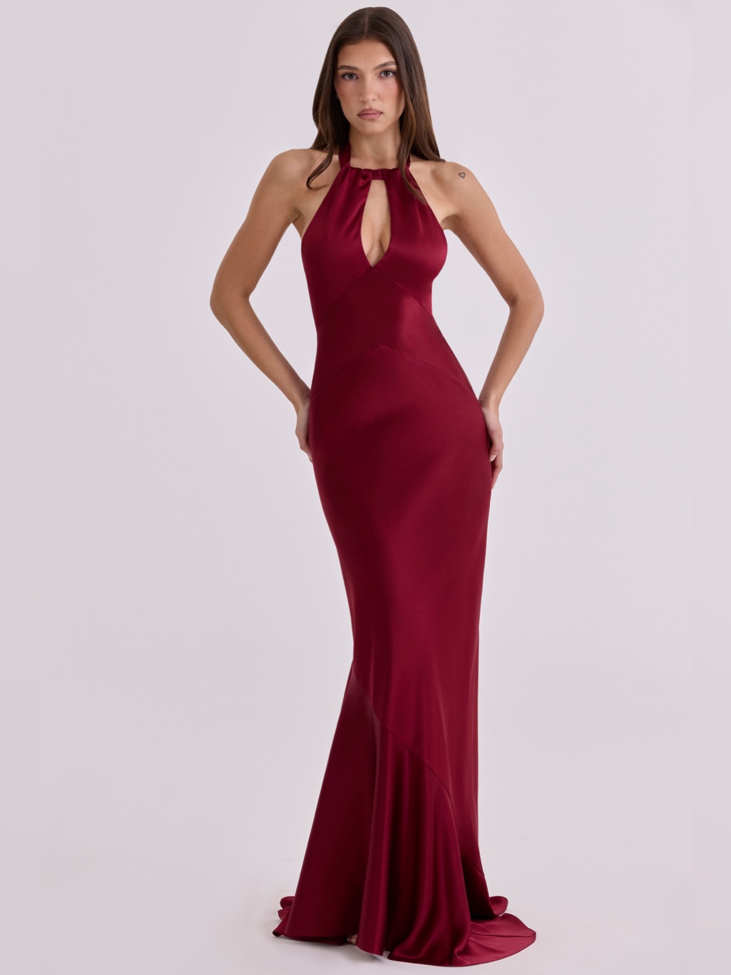 House Of Cb Oliviana Wine Satin Halter Gown
